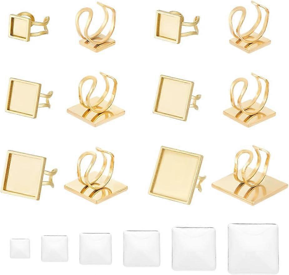 6 Sets 6 Sizes Blank Finger Ring Adjustable Stainless Steel Cuff Pad Ring Settings Square Cabochons Rings Golden Flat Blank Ring Base Bezel Tray for D
