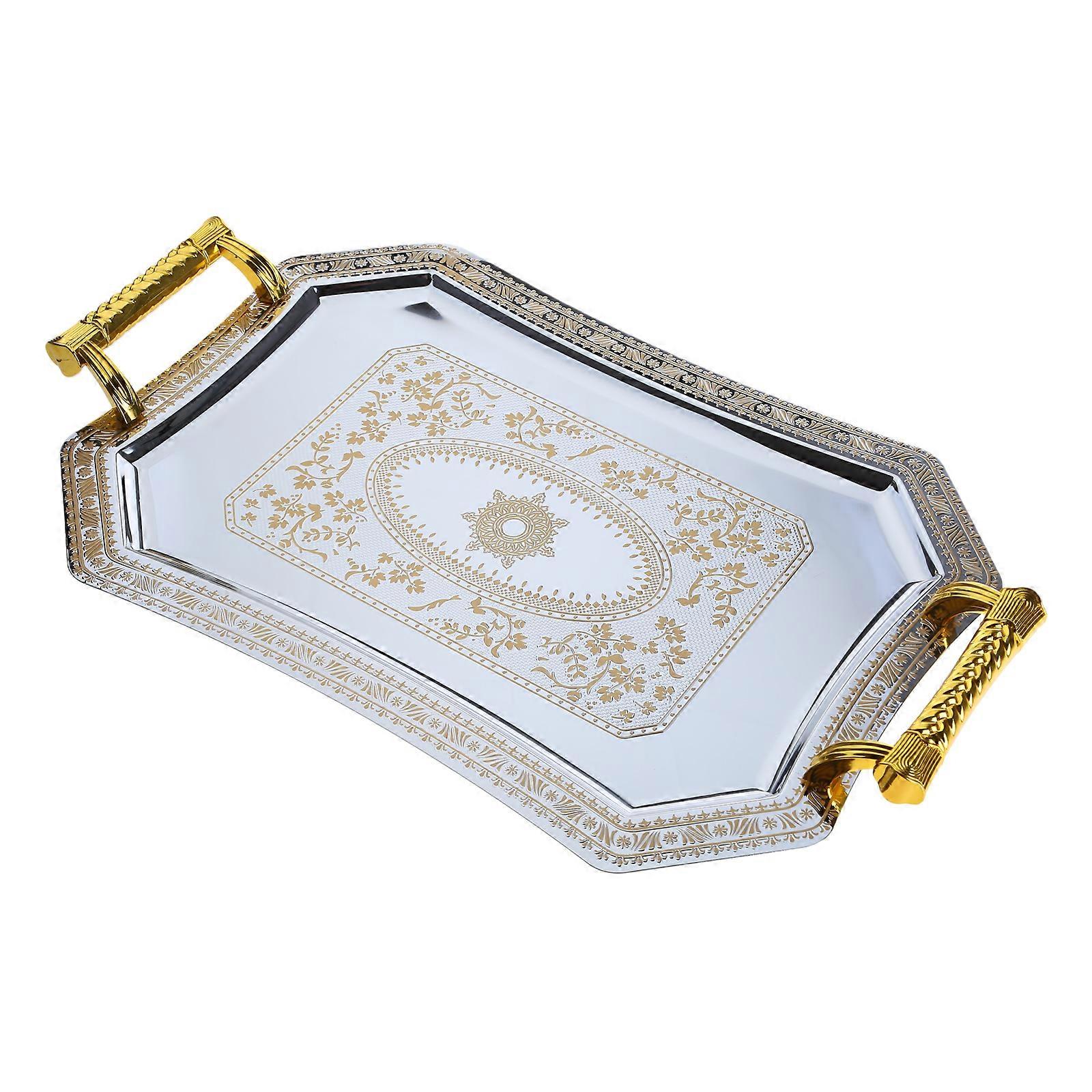 Vassoio portaoggetti in acciaio inox con manico Delicate Pattern Serve Plate Forniture per Home Restaurant Cafe Shop Bar Decor argento M