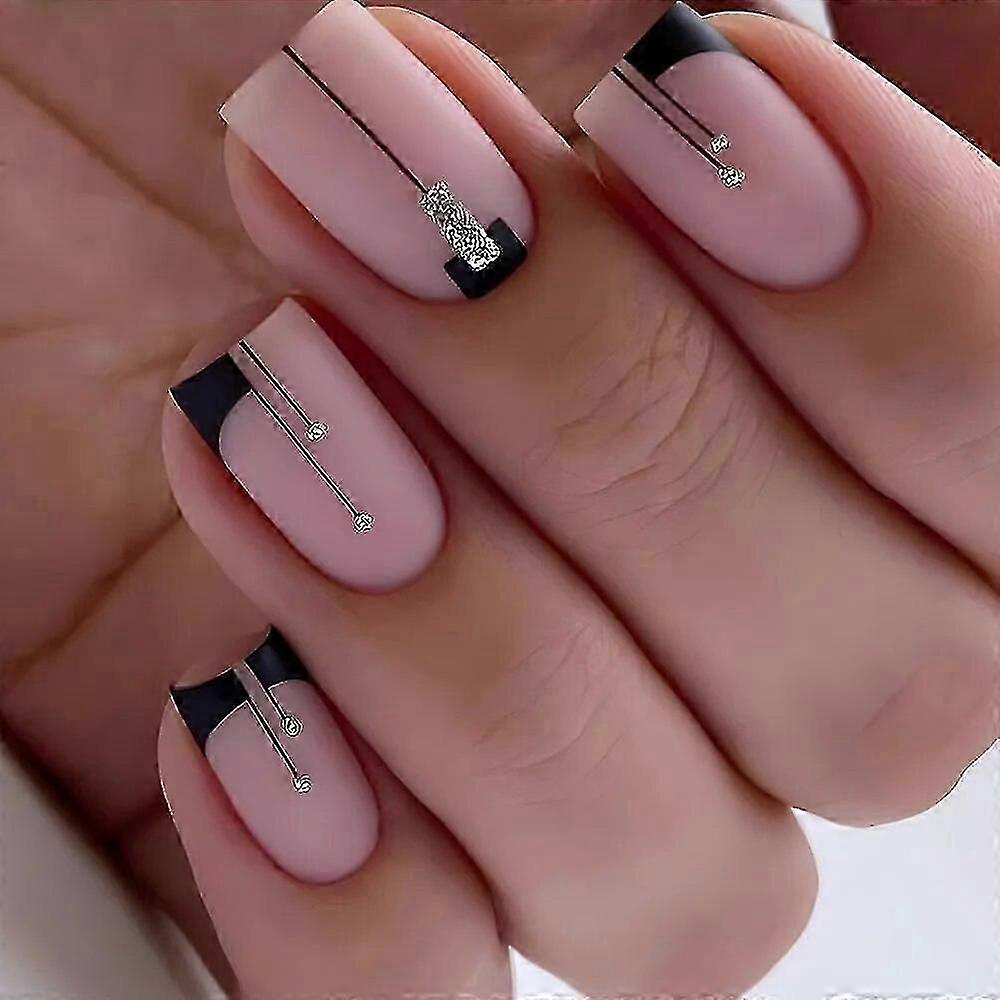 24pcs Uñas postizas cuadradas Geometría irregular Negro Amor francés Corazón Uñas postizas Cubierta completa Presión en las uñas Puntas de uñas desmontables