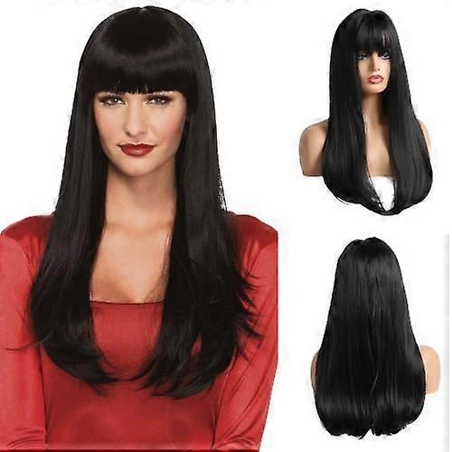 Long Straight Wig with Bangs Black Synthetic for Women Cosplay Party Daily Use 24 Inch