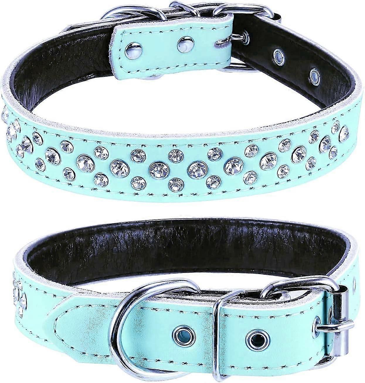 Haoyueer أحجار الراين طوق الكلب، قابل للتعديل كريستال مرصع جلد طبيعي طوق الكلب للحيوانات الصغيرة والمتوسطة (L، الأزرق)