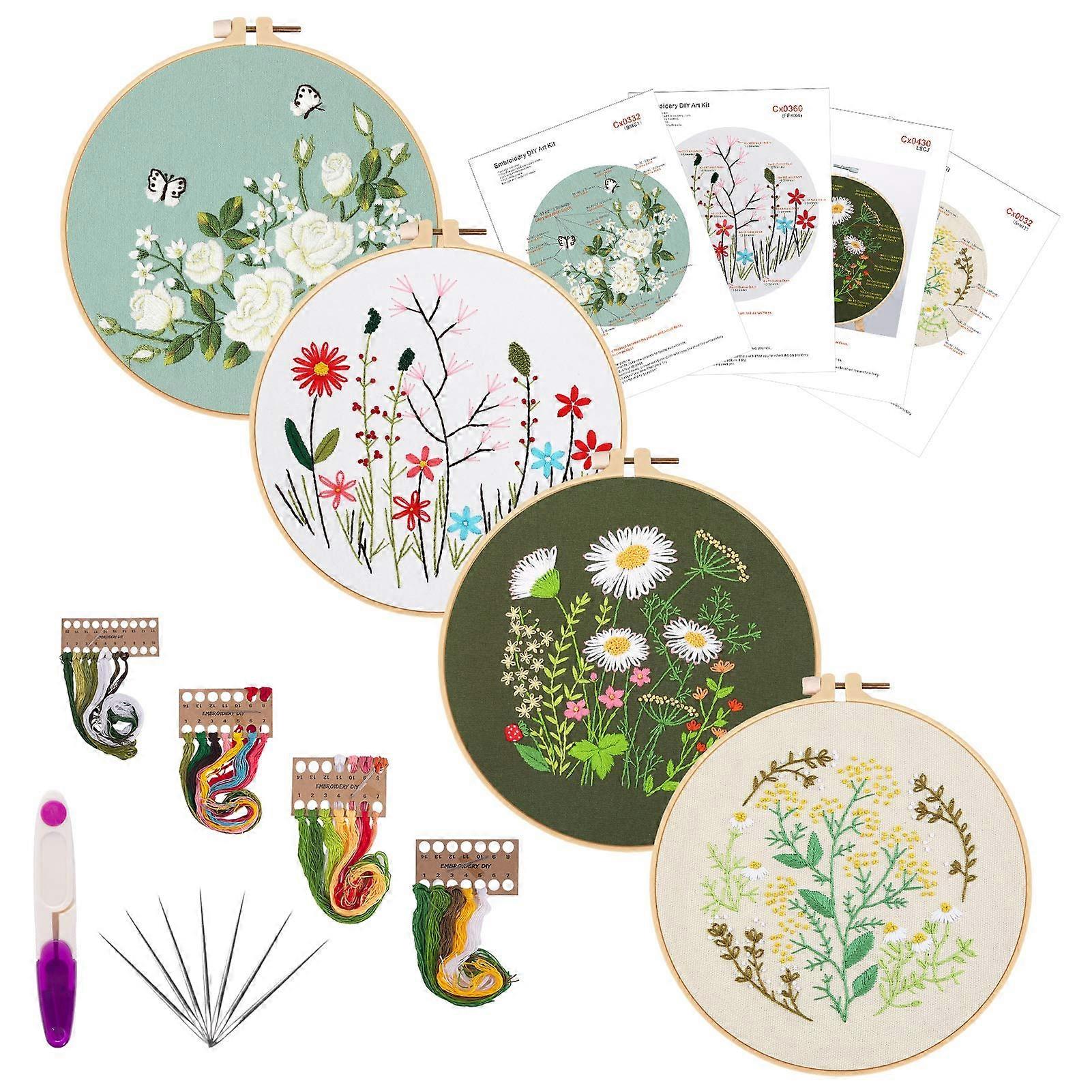 Embroidery Starters Kit with Pattern, 4 Cross Stitch Kits, 2 Hoops,Scissors,Needles,Threads