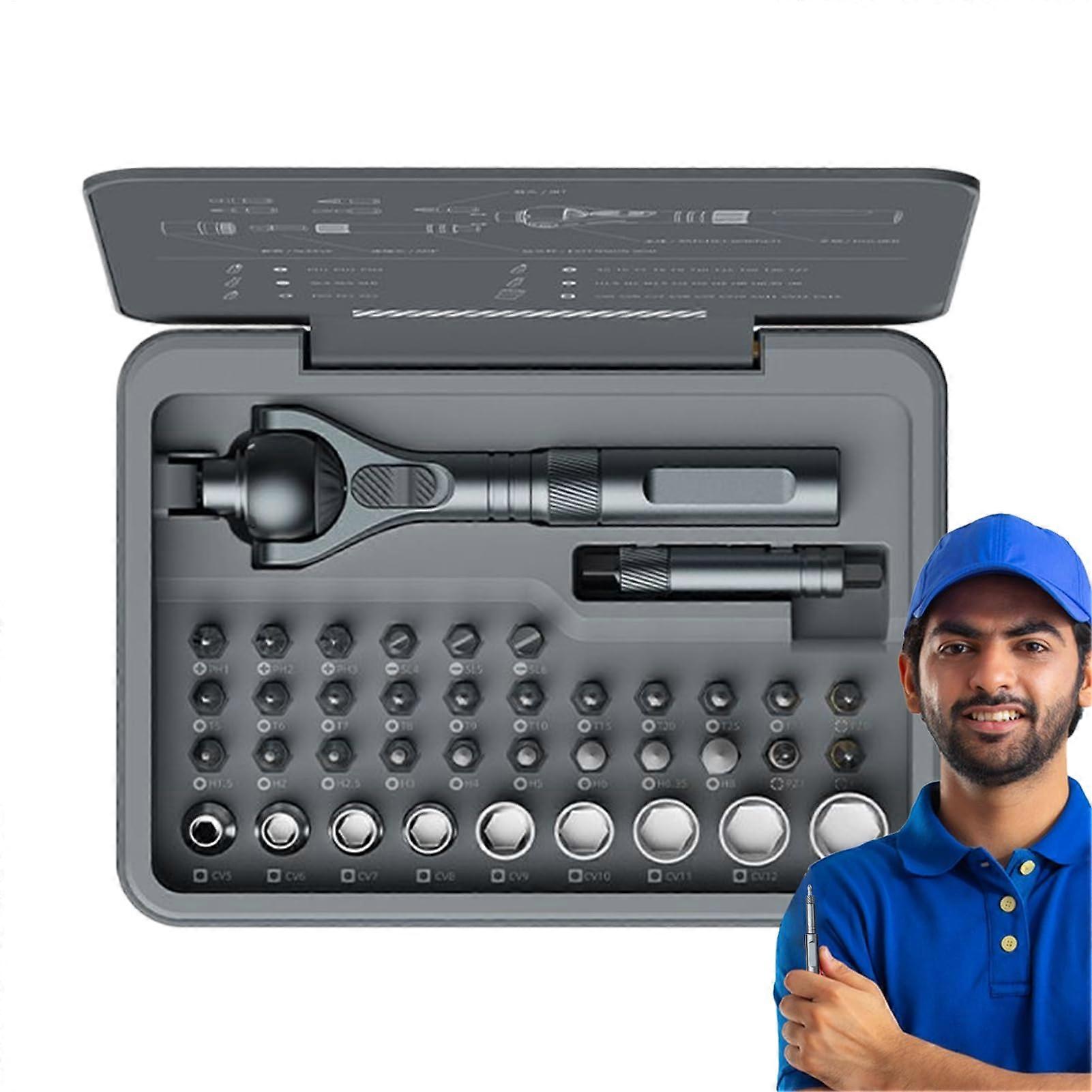 Ratchet socket set, 180 degree rotatable, 40 precision bits, complete for automotive repair