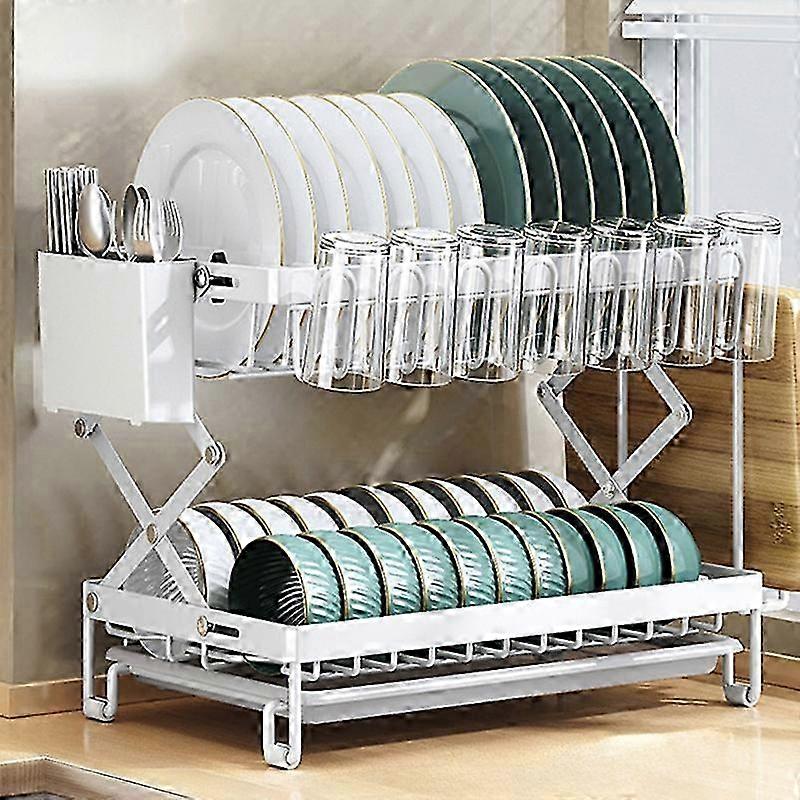 2 Tier Dish Drying Rack Folded Kitchen Organizers and Storage Rack with Tray - White