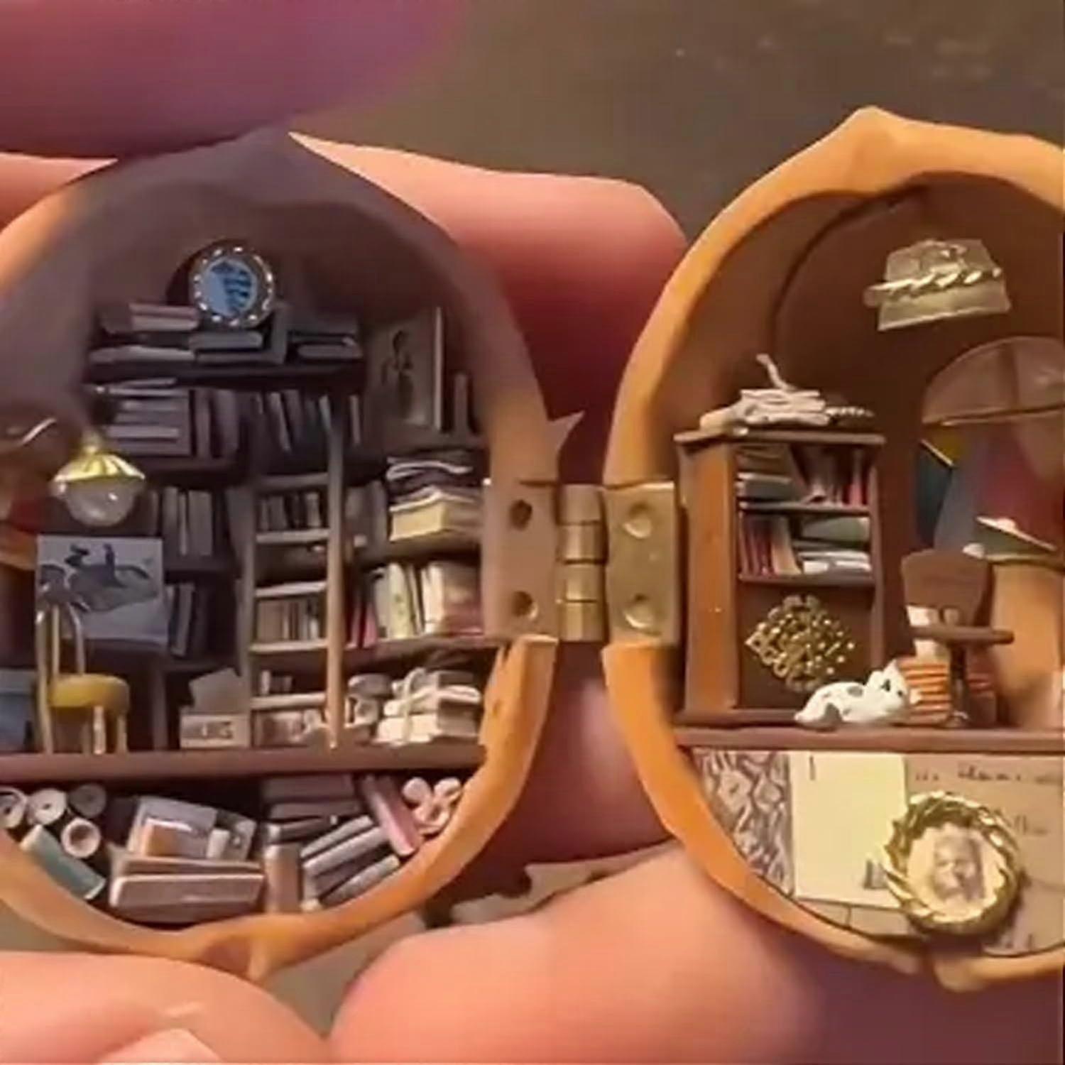 Walnut Shell Doll House-Mini Library, Tiny World Inside Walnuts,Handmade Walnut Shell Doll House Mini Library,Resin Miniature Dollhouse