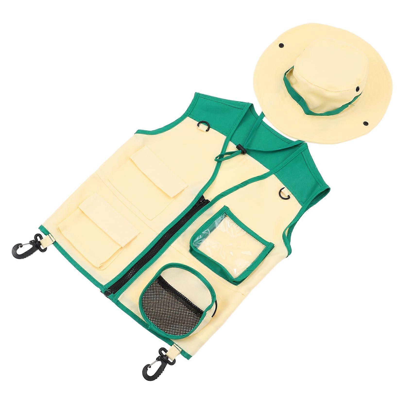 Explorer Weste und Hut Set für Jungen und Mädchen, grünes Camping-Outfit für Kinder, größenverstellbar, leichtes Material