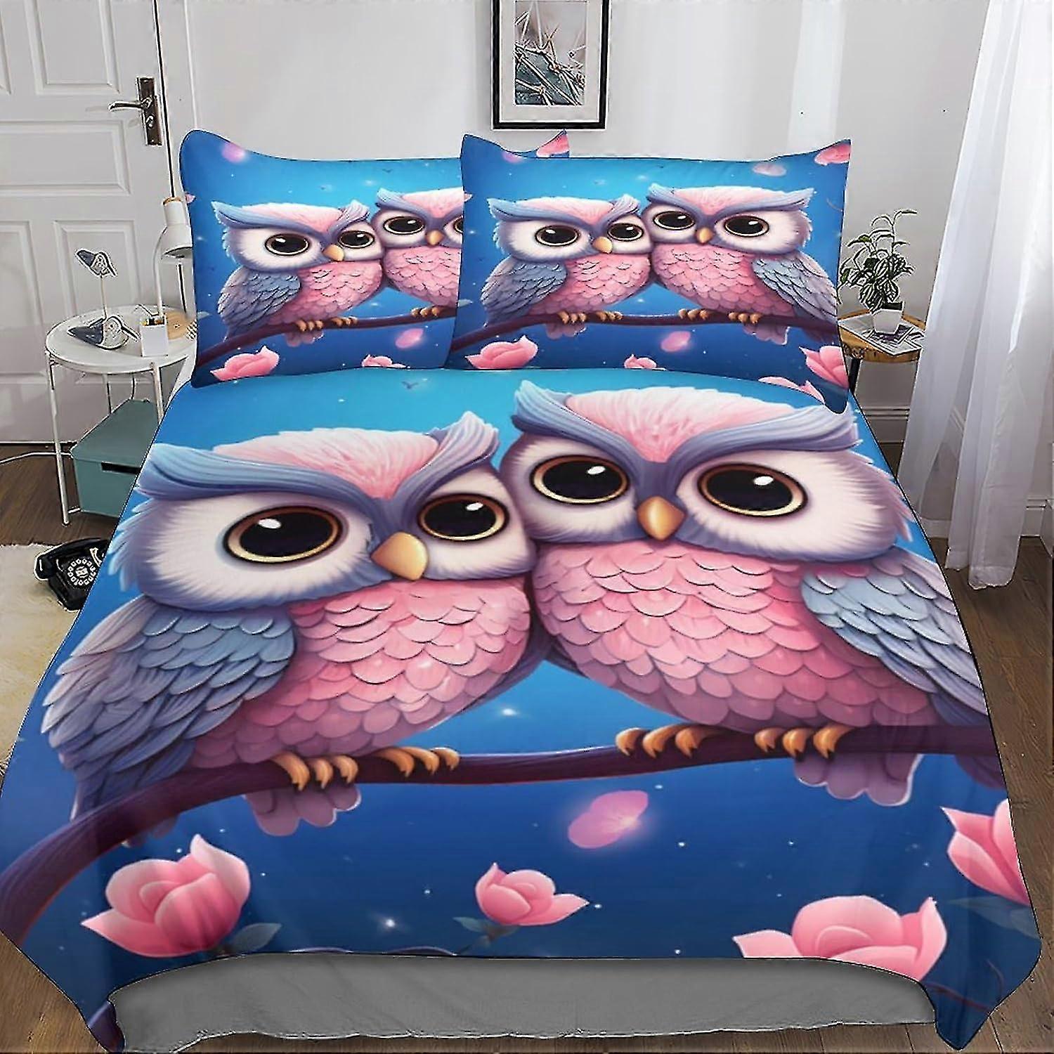 3D Printed Owl Photo Bedding Set with Zipper Closure for Kids - Soft Microfiber 3 Piece Duvet Cover Set
