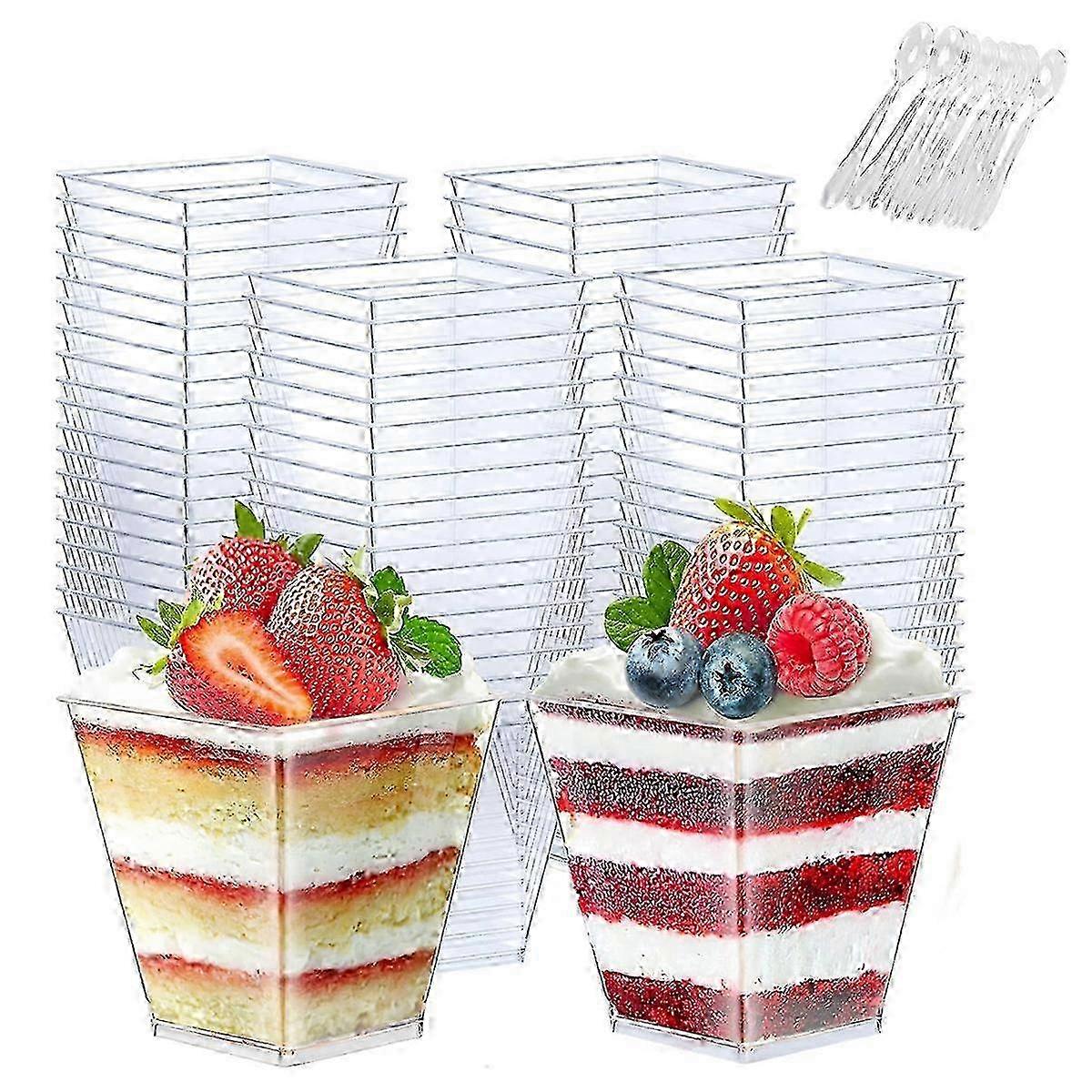Transparent 4oz Square Dessert Cups with 50 Mini Spoons - Set of 50 Perfect for Parties, Catering, and Events