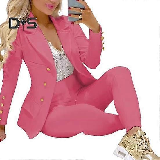 2 Pcs/Set Women Suit Coat Pants Set Lapel Button Decor Mid Length Cardigan Long Sleeve Jacket High Waist Straight Trousers Lady Formal Commute Outfit