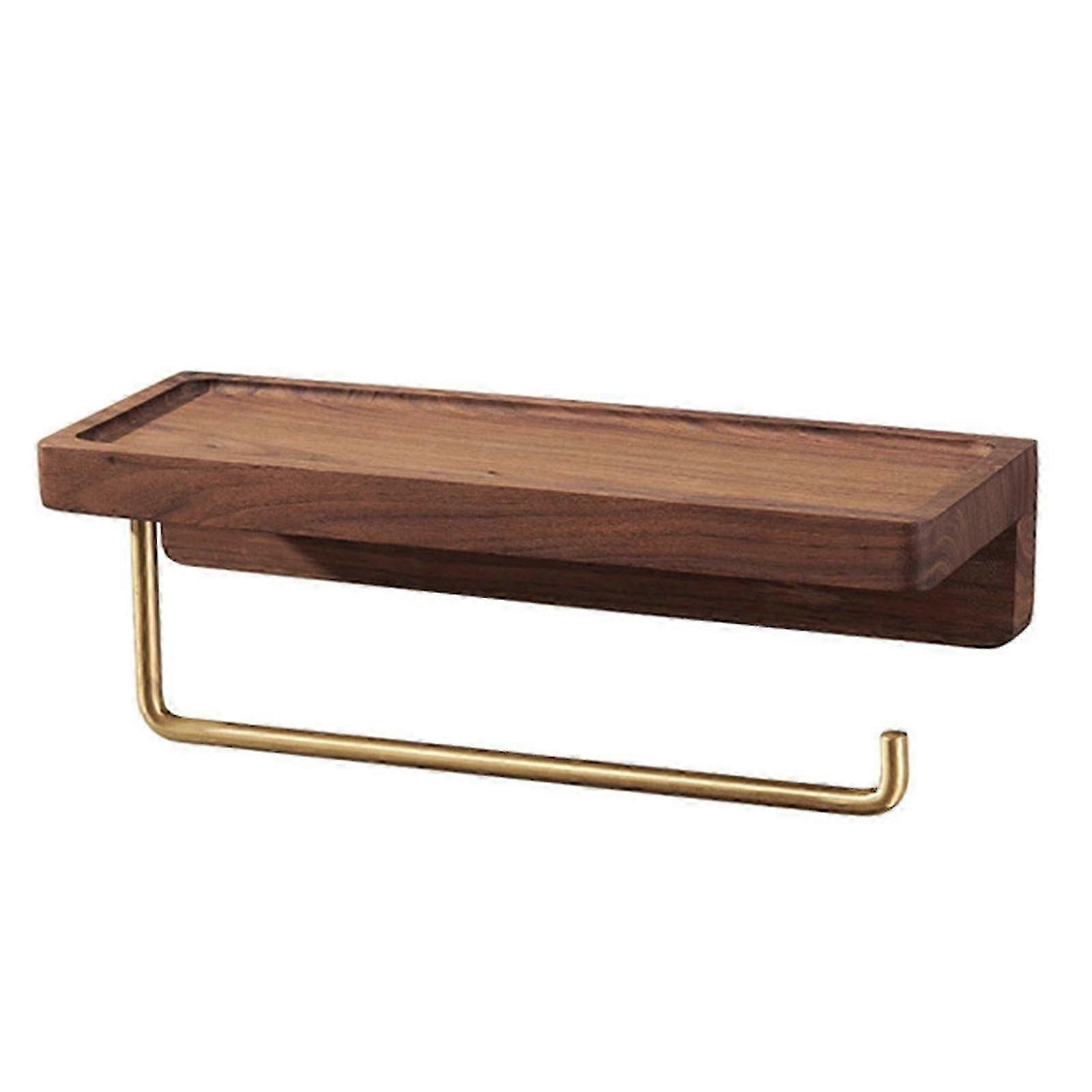 Brass and Wood Wall Mounted Toilet Paper Holder with Tray for Bathroom & Kitchen - Single Roll Tissue Dispenser hwy