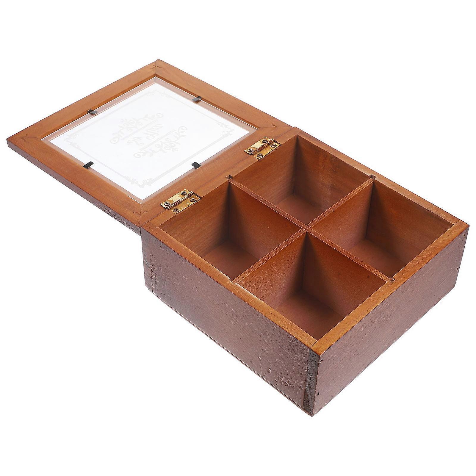 Wooden Jewelry Box with 4 Grid Compartments for Earrings and Trinkets Light Brown Portable Storage Solution