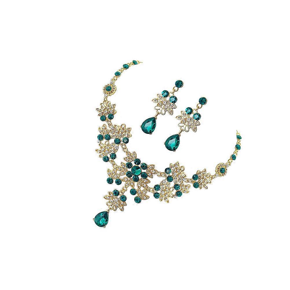 Gorgeous Bride Necklace and Earring Set with Rhinestone and Zinc Alloy Material for Wedding Decoration Green Color