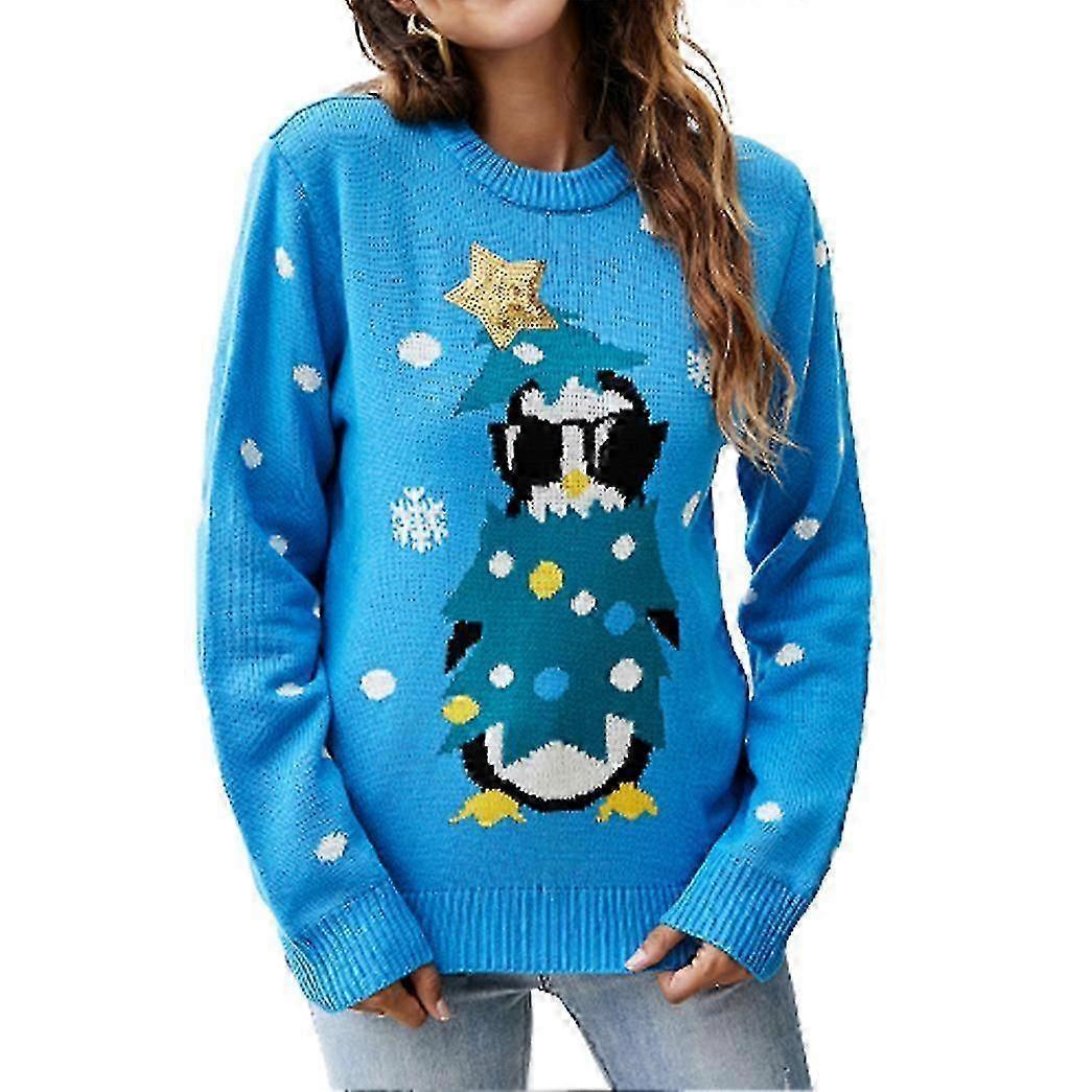 Frauen Weihnachtspullover Niedlicher Pinguin-Print Strickpullover