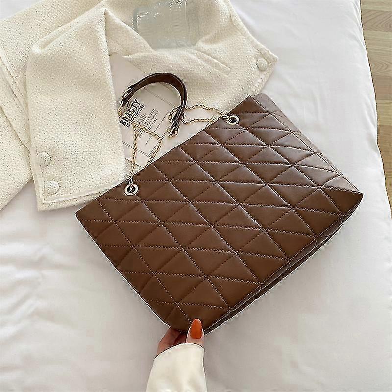 Solid color simple large-capacity rhombus shoulder handbag women's new trend chain texture trend solid color diagonal tote bag,1pc-brown