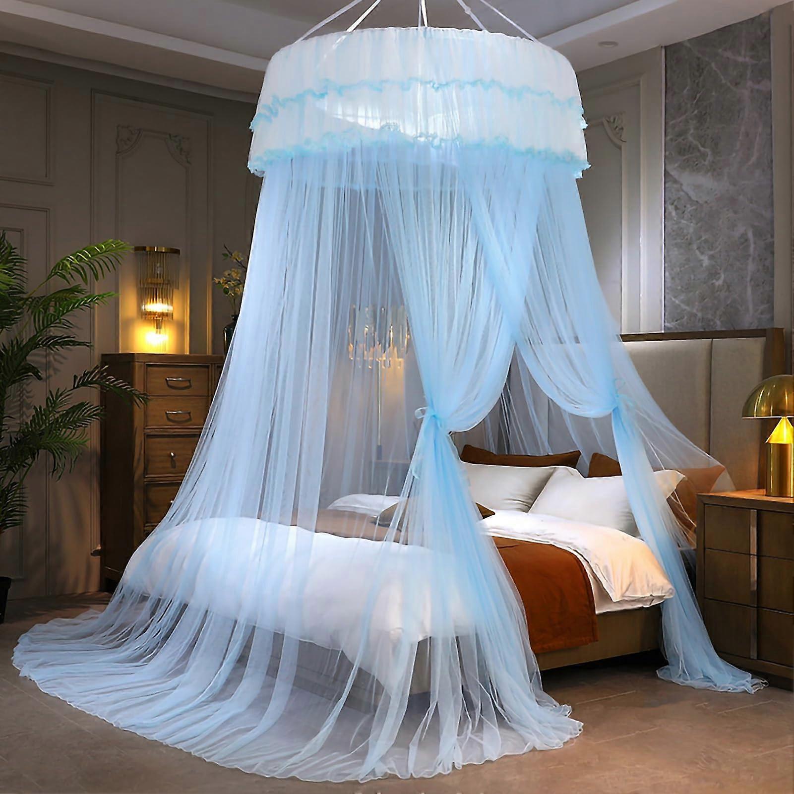 Bed Canopy Princess Bed Curtain Net Lace Round Dome Mesh With Hook Light Blue For Twin Full Queen King Size