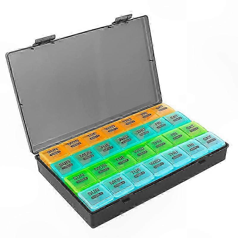 Daily Pill Organizer with 28 Compartments, 4-Week Medication Dispenser Box, Flip-Top Lids for Easy Access