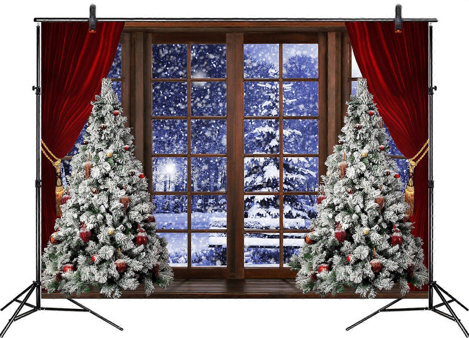 Vintage Window Christmas Tree Backdrop Snow Forest Background Photo Studio Props
