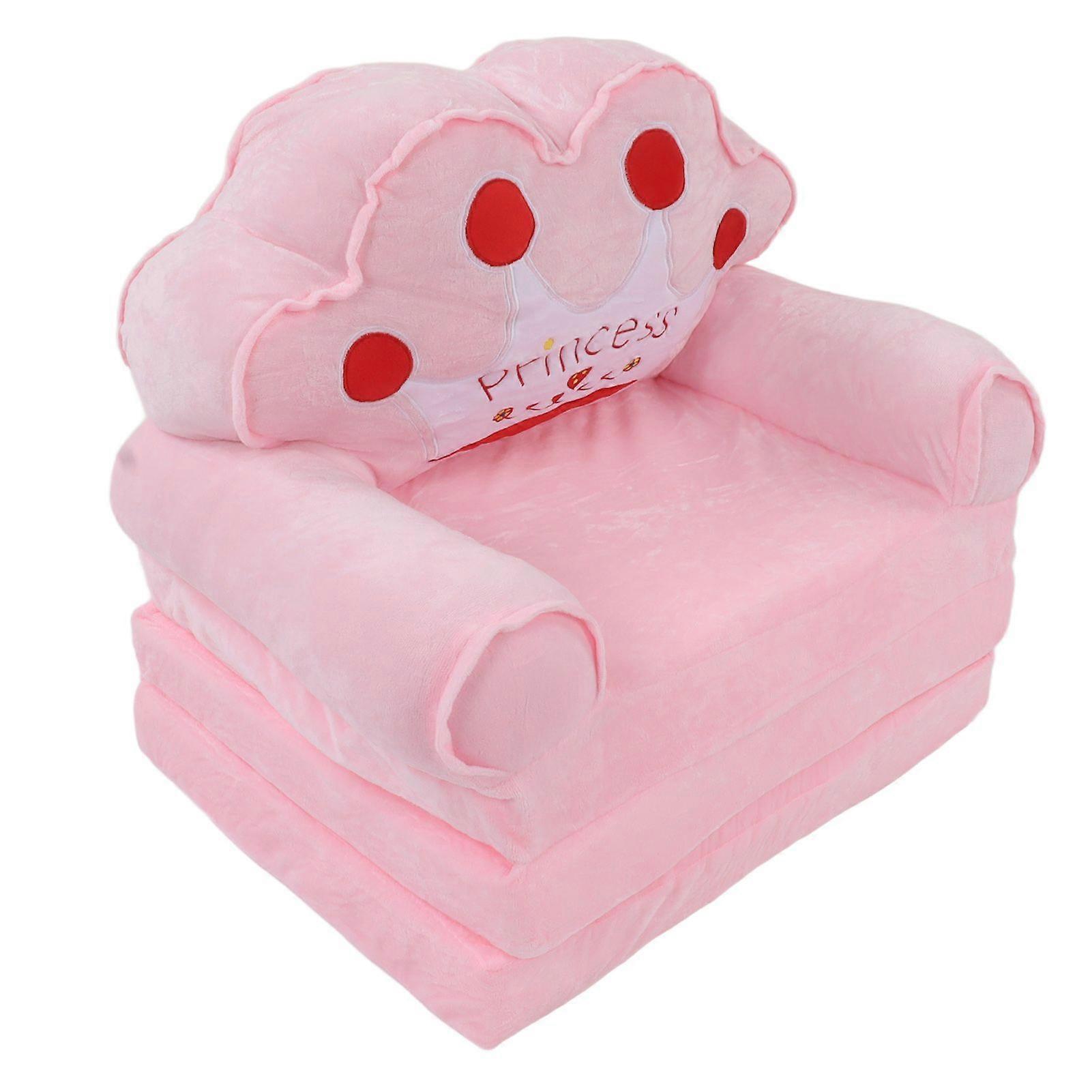 Foldable Kids Sofa 2 in 1 Flip Open Cute Sofa Bed for Living Room Bedroom Crown Pattern Pink 3 Layers