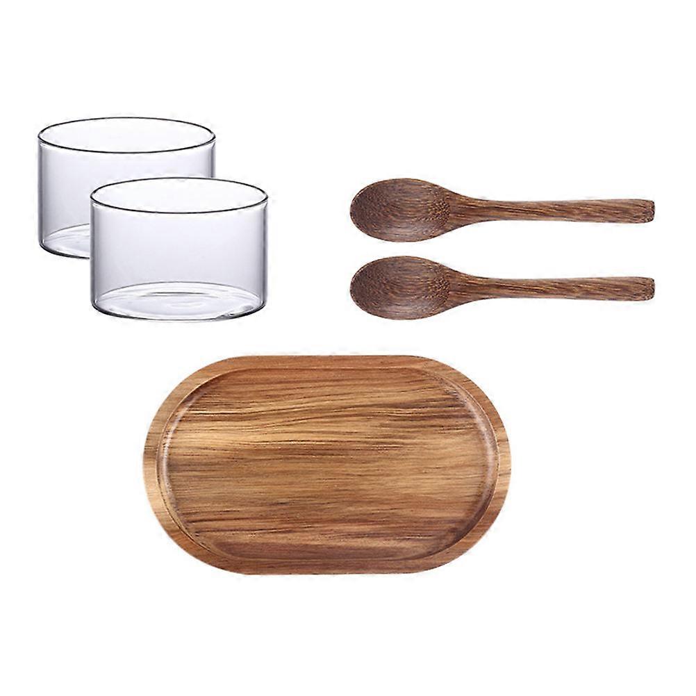 Wooden Serving Tray Japanese Style Dessert Plate with Spoons Cups 3Sets