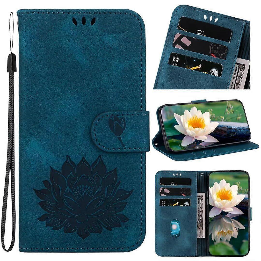 Case for iPhone 16 Pro, Shockproof Leather Embossed Lotus Flip Folio Wallet With Kickstand, Card Slots, Magnetic Blue