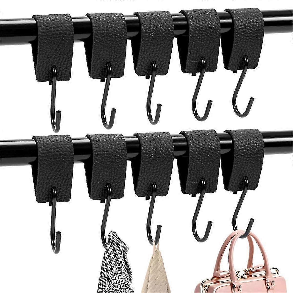 S Hooks, Pack of 10 S Hooks with Leather Loop,Hooks for Clothes Rail, Window Hooks for Hanging, Coat