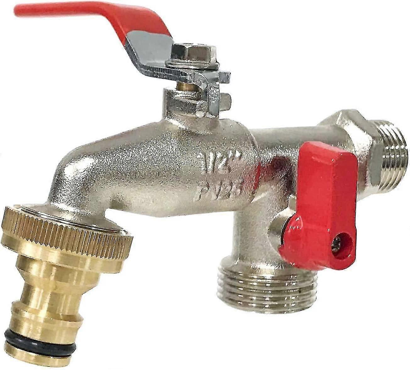 G6354 Double Outlet Garden Tap 1/2"  3/4". Perfect For Patios And Decks With Timer Irrigation, Silver