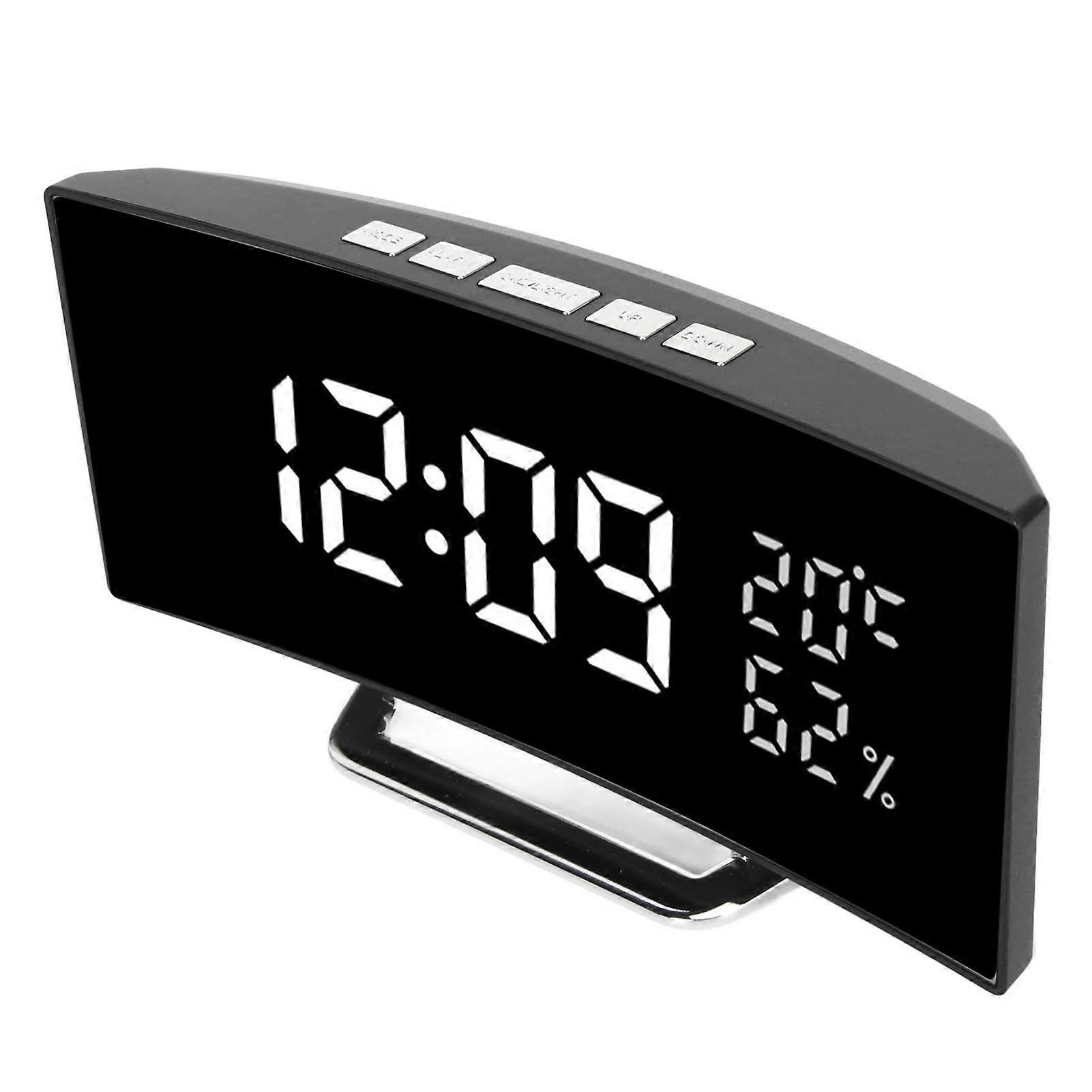 Curved Digital Clock LED Mirror Backlight 3 Level Brightness Desktop Clock with Temperature Humidity Display White Light 