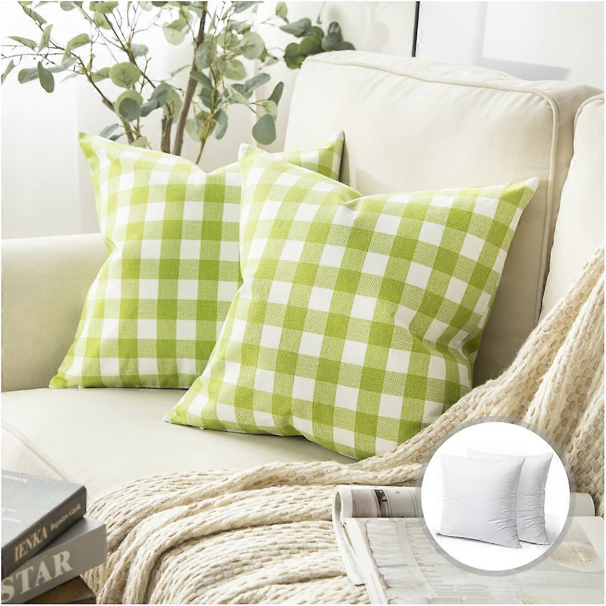 Phantoscope Checkers Series Square Decorative Throw Pillow with Inserts, Classic Retro Plaids, 18"x18", Green/White, 2 Pack
