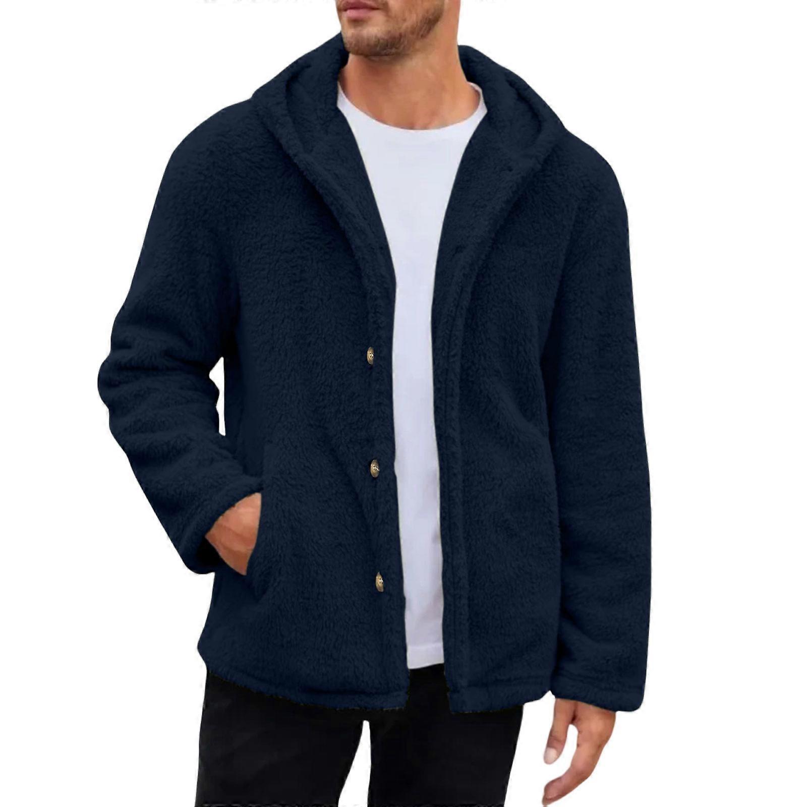 Men's Winter Warm Fleece Plush Coat With Pockets Long Sleeve Button Down Fuzzy Hooded Jacket For Cold Weather Outerwear  Navy Blue XL