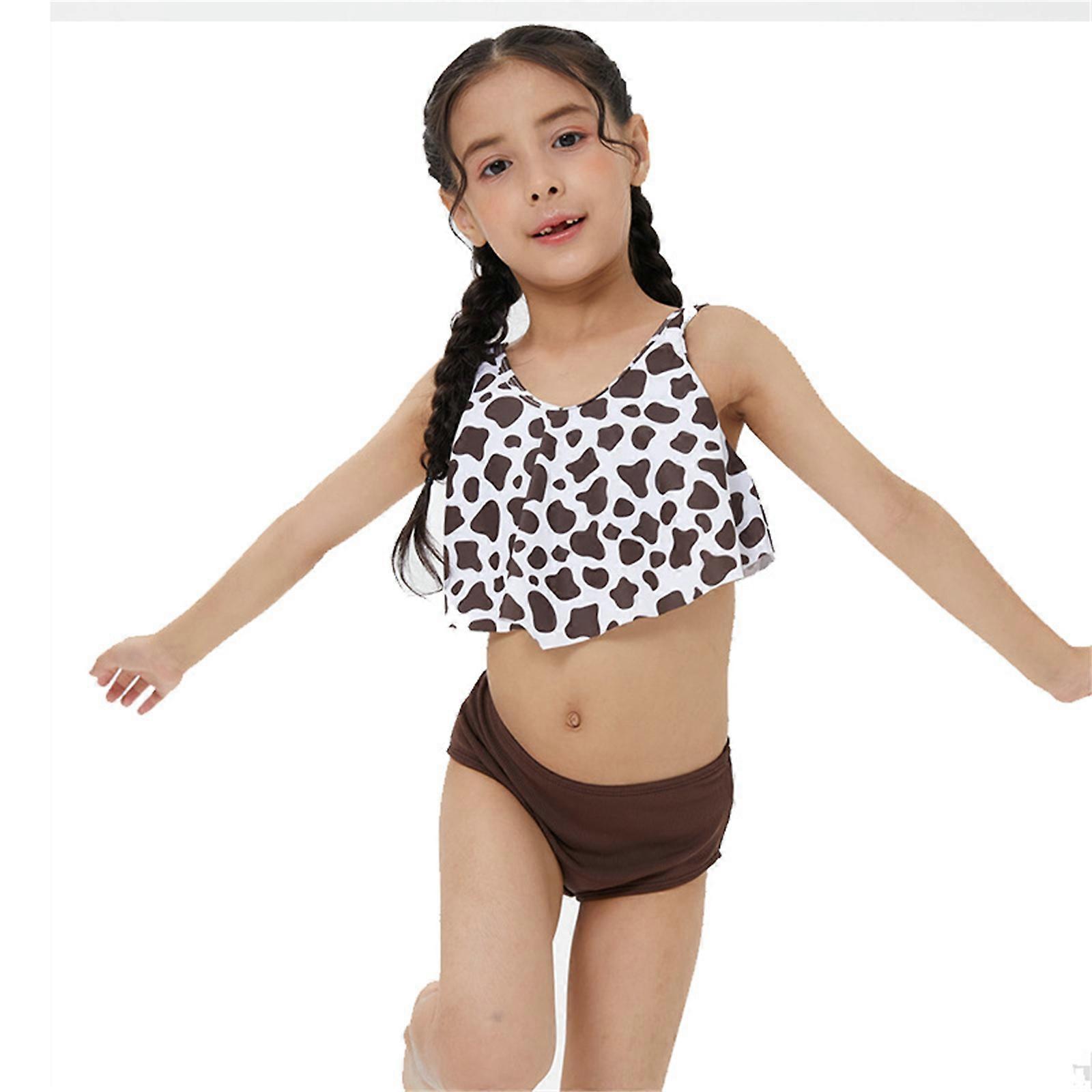 Lapset Tytöt 2-osainen uimapukusetti Leopardit Printit Tankini uimapukusetti sisältää röyhelöisen crop topin ja korkean vyötärön alushousut leopardikuvio D