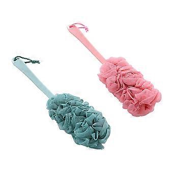 2 stk. lange håndtaksbadeballbørster dusjblomsthåndklær skrubber til badet (cyan/rosa)