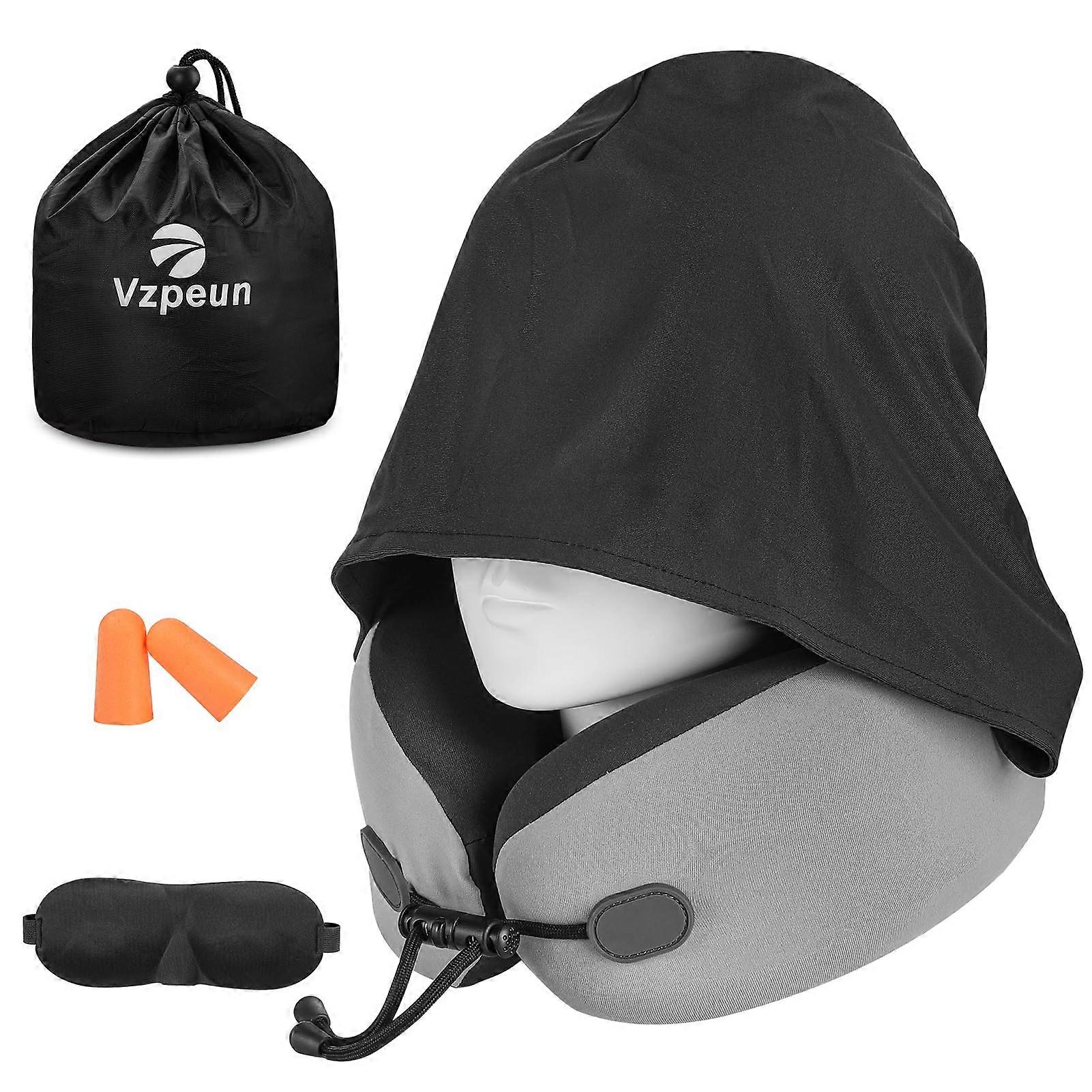 Travel Neck Pillow with Hooded Memory Foam and Ergonomic Chin Support for Airplane and Long Flights Gray