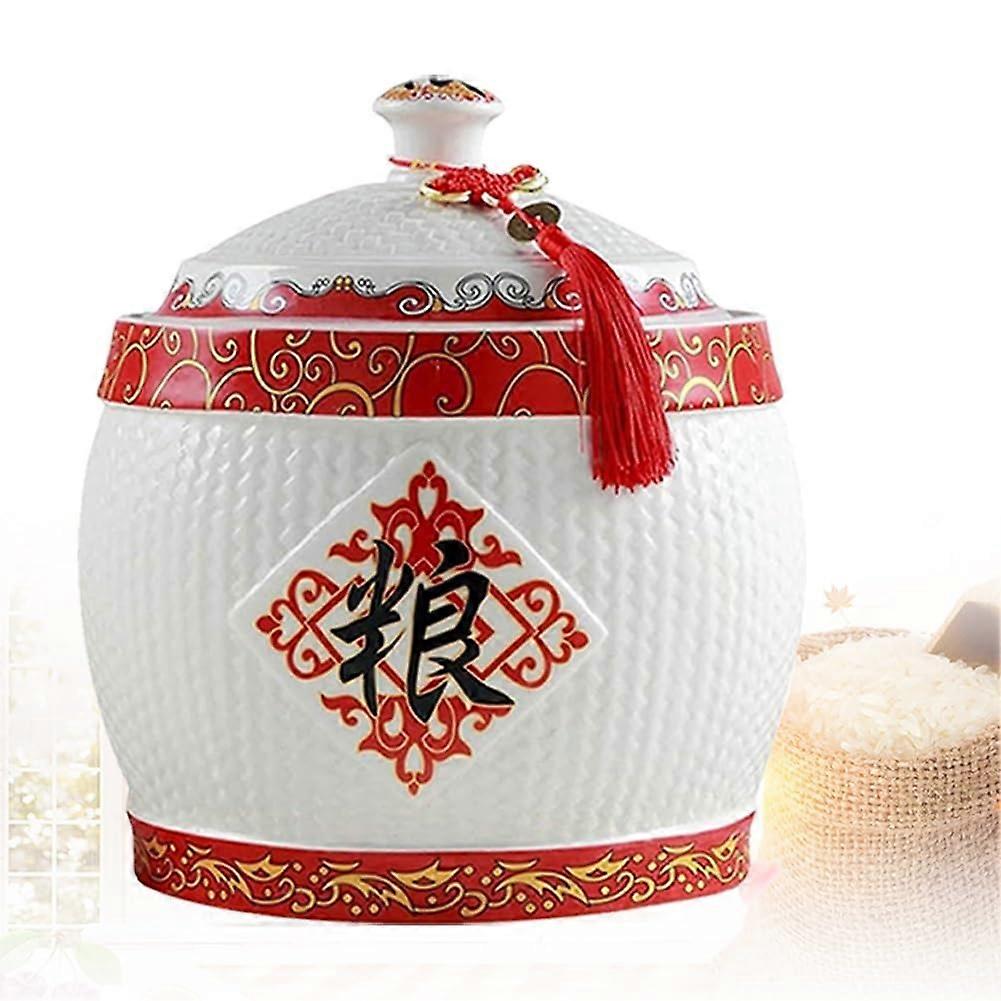 Ceramic Rice Storage Container 2.5KG with Lid, MoistureProof Chinese Style Grain Jar, Wide Mouth
