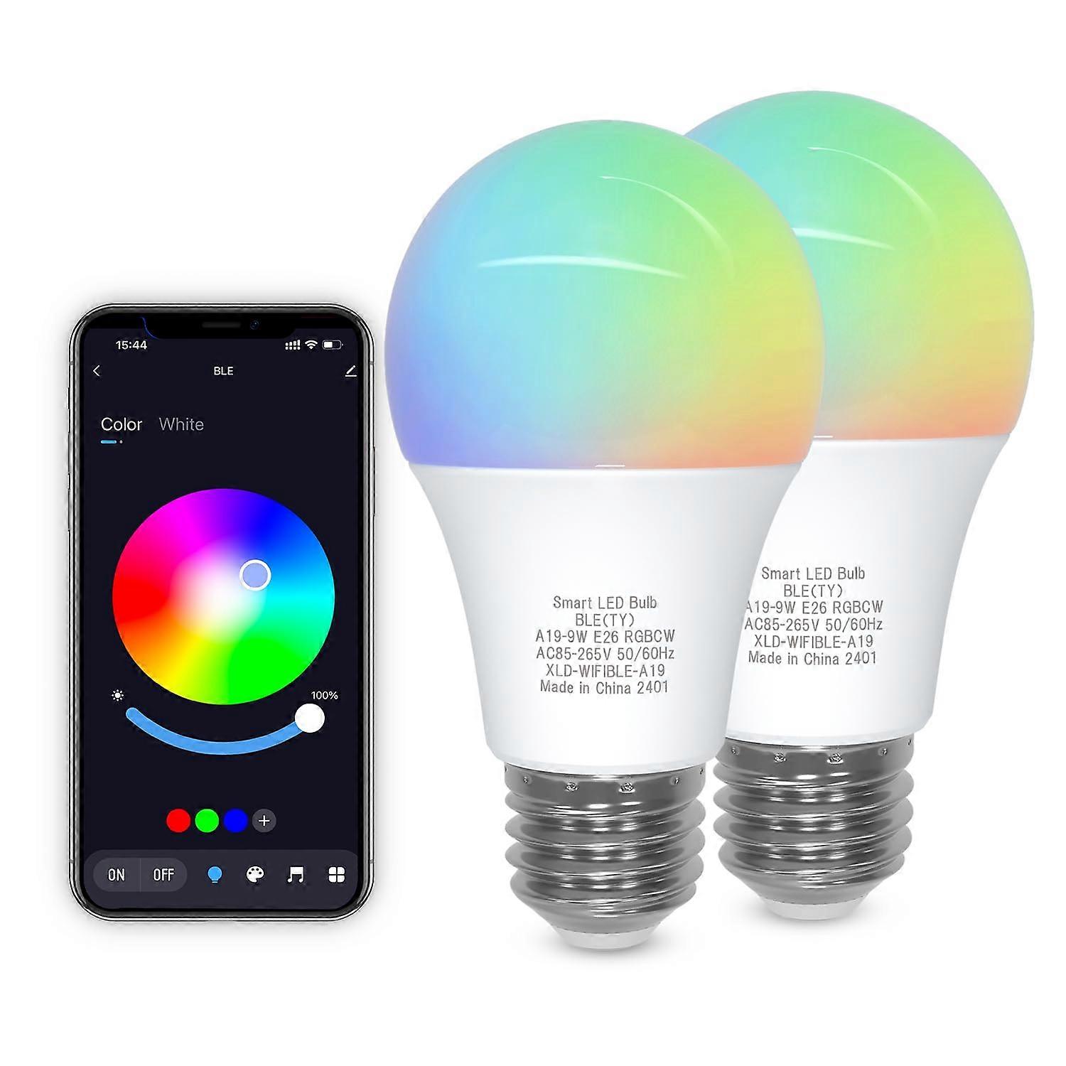 Bluetooth Smart LED Bulb A19 E26 9W Color Changing RGB App Controlled Dimmable 2 Pack