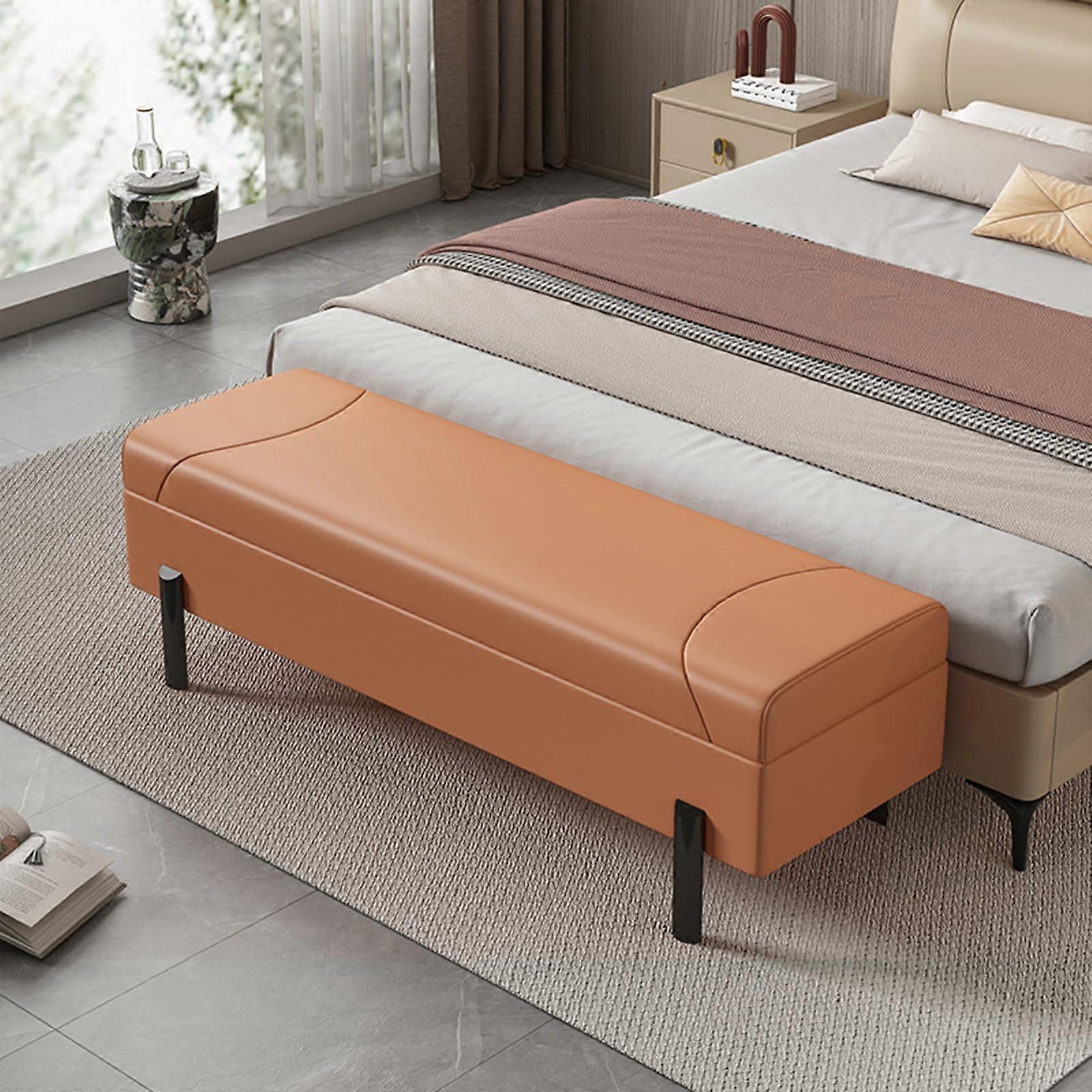 Large Leather Storage Ottoman Bench with Hidden Storage, Upholstered End of Bed Seat, Orange
