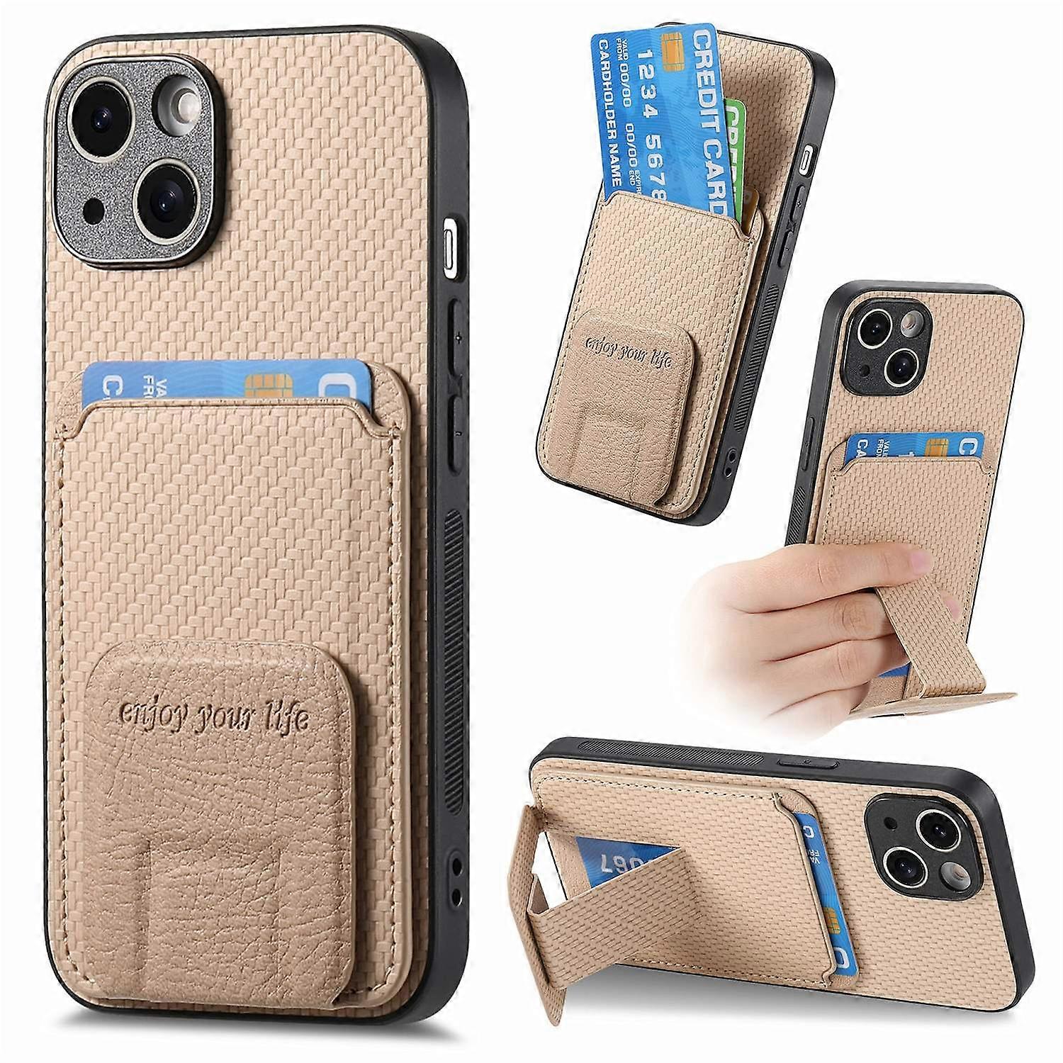 Case For Iphone 13 Pro Khaki Apricot Simple Bracket Solid Carbon Fiber Card Insert Plain Leath No12358