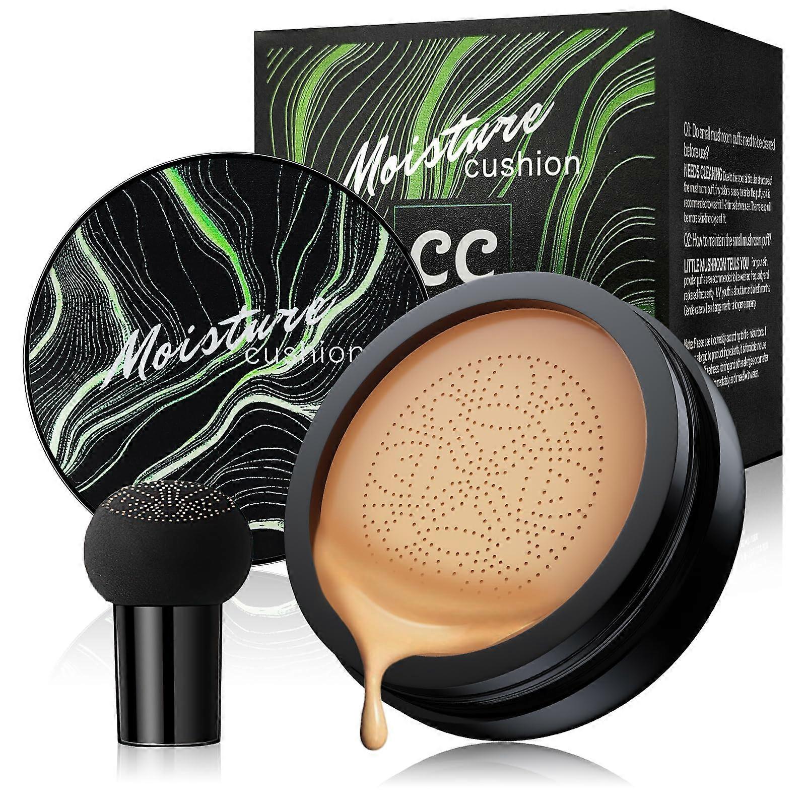 Full Coverage Cushion Foundation BB Cream with Mushroom Applicator, Waterproof Hydrating Makeup for All Skin Types, Medium Deep