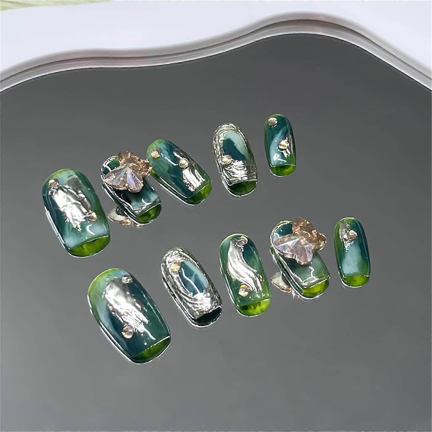 Handmade Press On Nails with Glue, Elegant Multicolor False Nails Set, Durable Reusable XS 10pcs