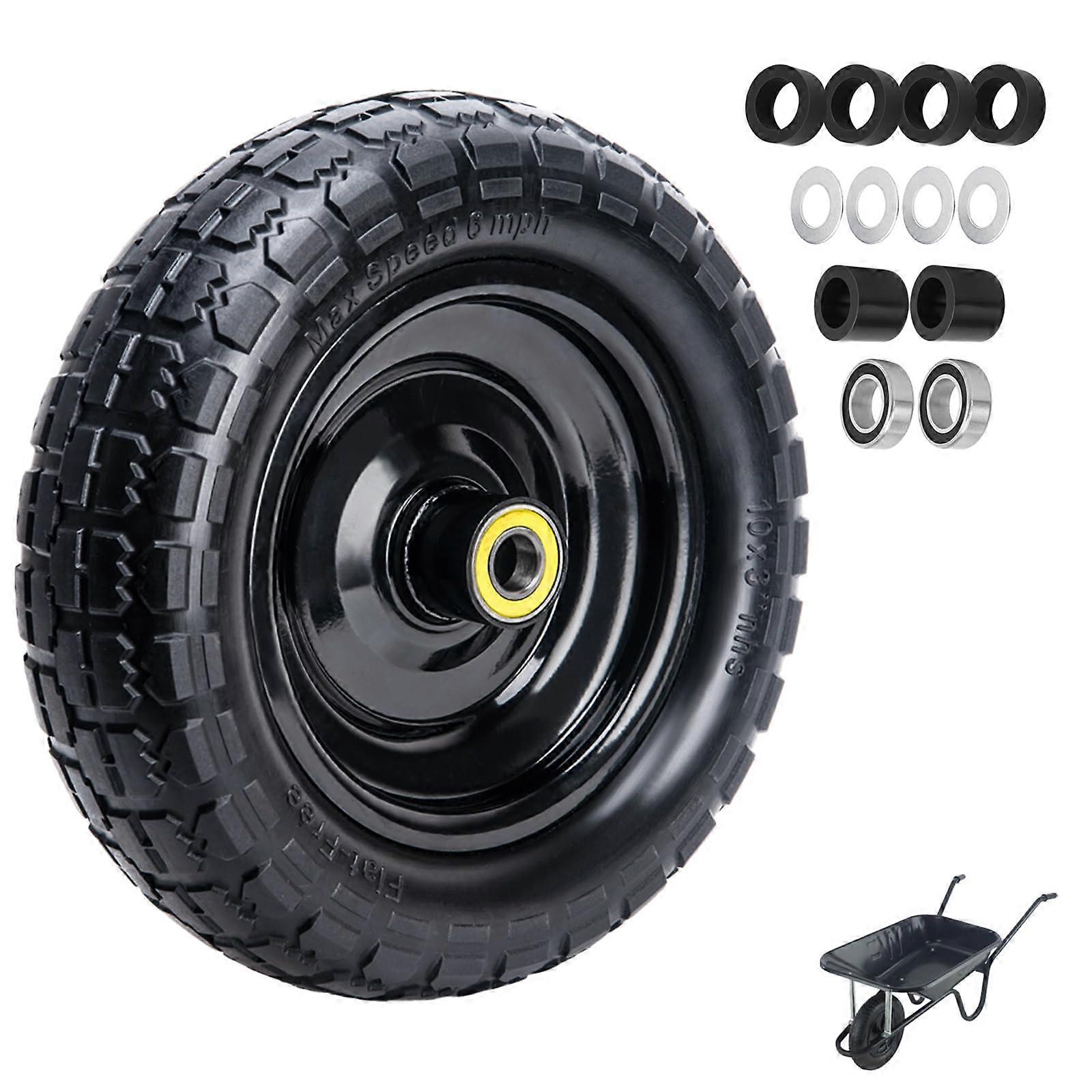 Flat  Wheelbarrow Tire 10x3 Solid Universal Fit with 5/8 and 3/4 Bearings Durable Replacement