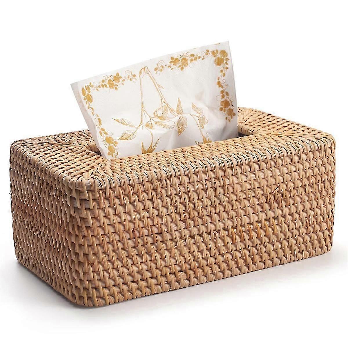 Rattan Tissue Box Cover, Rectangular Wicker Tissue Box Holder,Decorative Woven Tissue Holder compatible withBat