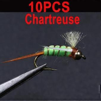 10 esche da pesca per trote, modello "Psycho Prince", con testa in ottone e corpo viola e giallo-verde, serie "Crazy Purple & Chartreuse Prince", tipo "Nymph" (ninfa).