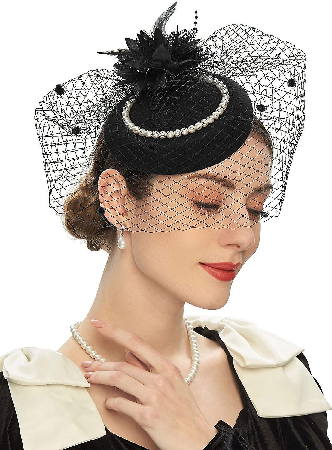 Elegant Pillbox Hats 20s 50s Vintage Fascinators for Women with Feather Mesh Veil Headband Bridal W