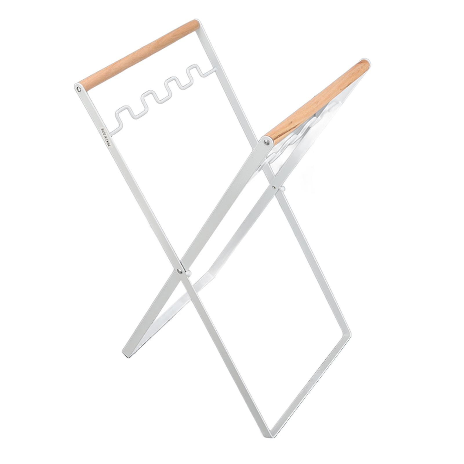 Foldable Trash Bag Holder Stand Rubber Wood Handle Iron Stand Flat Appearance Foldable Portable Garbage Bag Stand for Indoor Outdoor Use White
