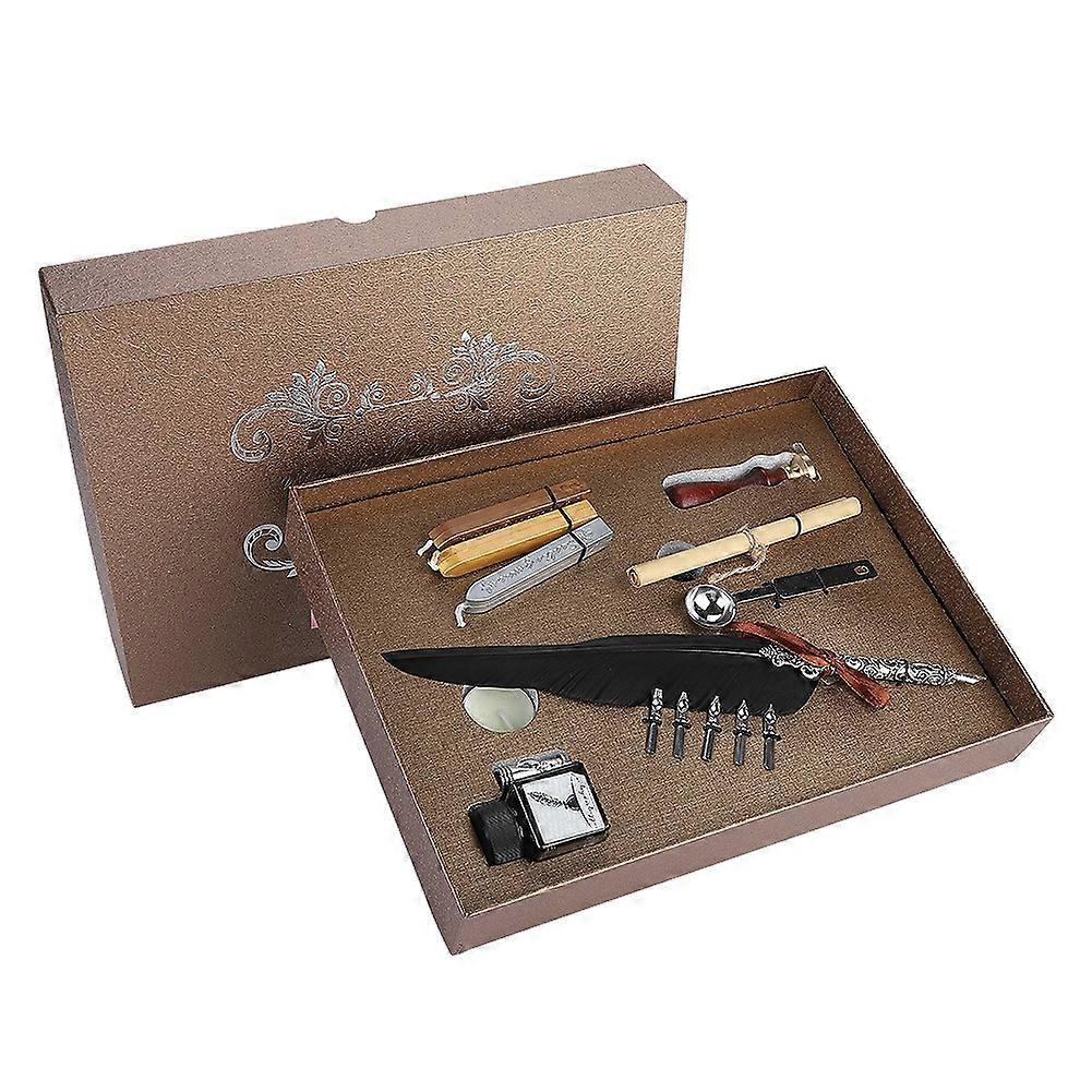 Retro Quill Feather Writing Pen Gift Box with Empty Ink Bottle Quill Set for Friends Black