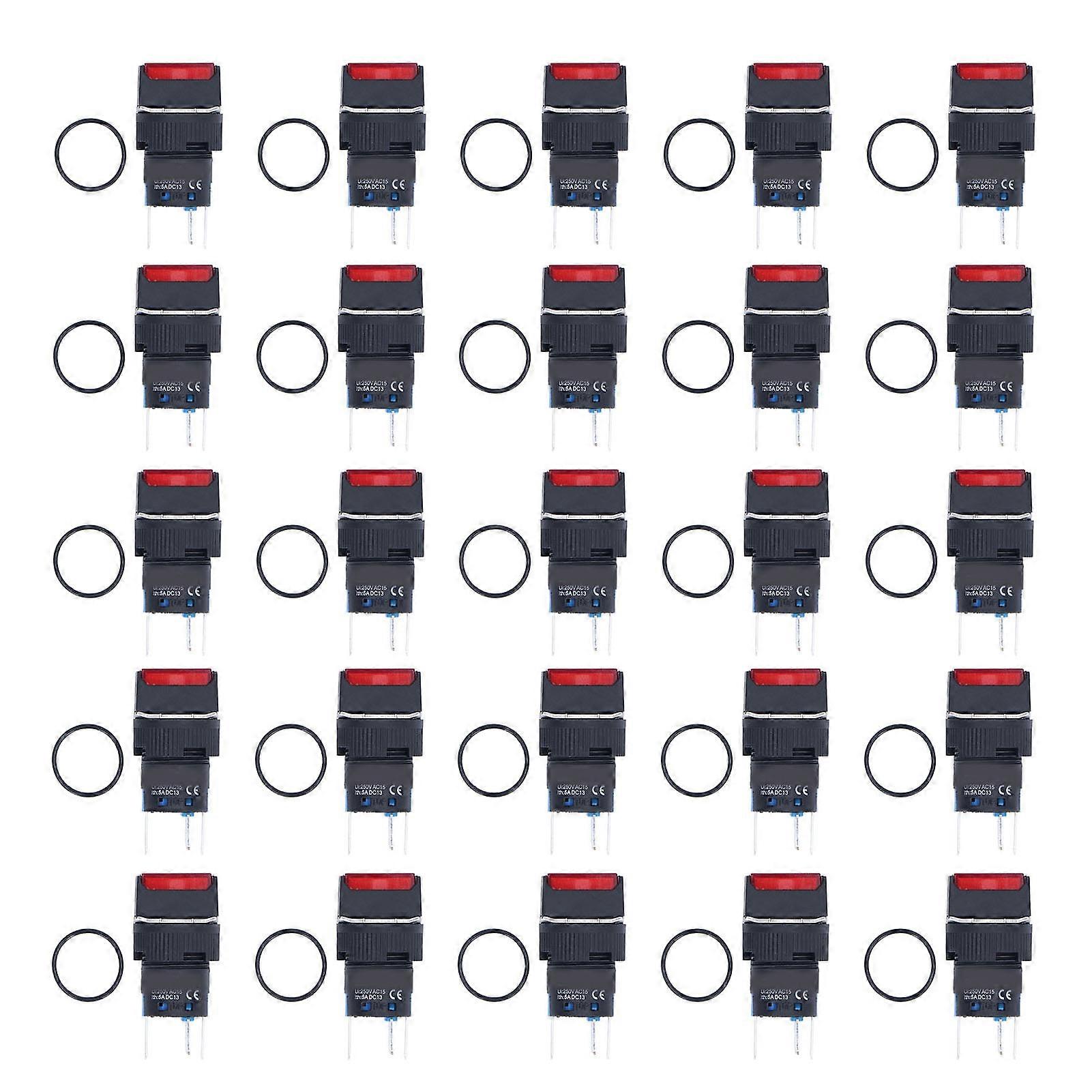 25pcs Push Button Switch Momentary Self Locking 16mm Square With Light Set Kit 12vred