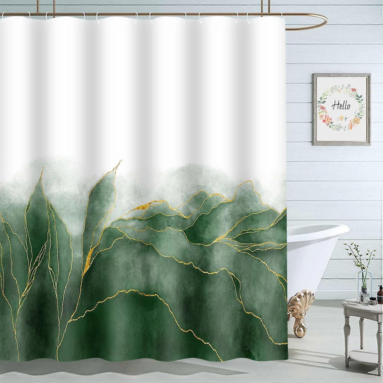 水彩グリーンゴールドシャワーカーテンバスルームカーテン防水フック付き72x72インチ男性女性男の子女の子用