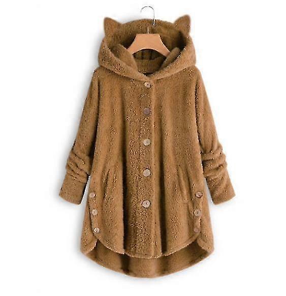 2023 Autumn And Winter New Women's Clothing Women's Hooded Cat Ears Plush Top, Outdoor Mid-length Solid Color Button Coat For Women, Leopard Color Plu