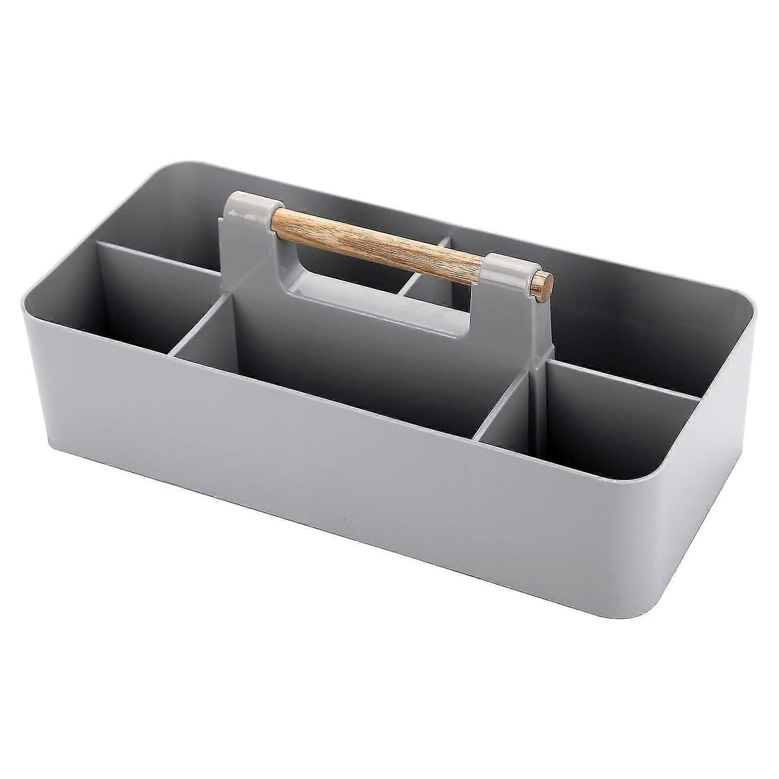Rectangular Stackable Desktop Storage Organizer Tote Divided Basket Bin, 5 Compartments Storage Box Holder with Wood Handle (Light Grey)