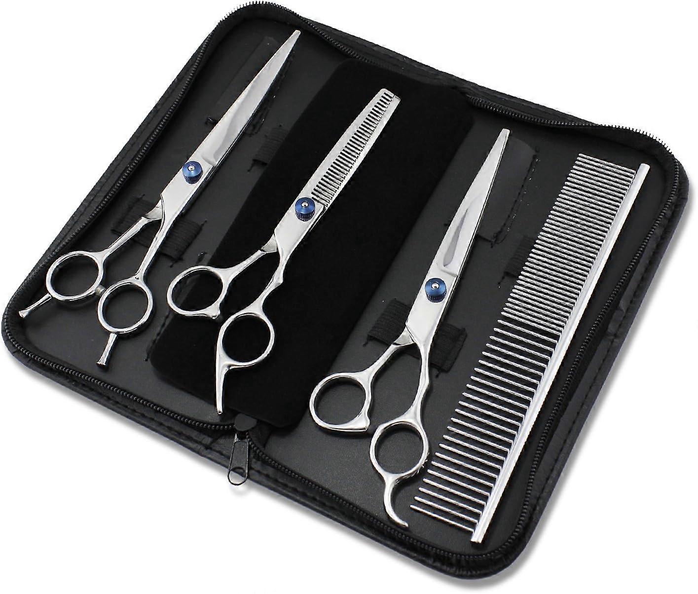 Dog Grooming Set - 3 Pairs of 7" Scissors: Rounding, Cutting and Thinning - Comb - Professional