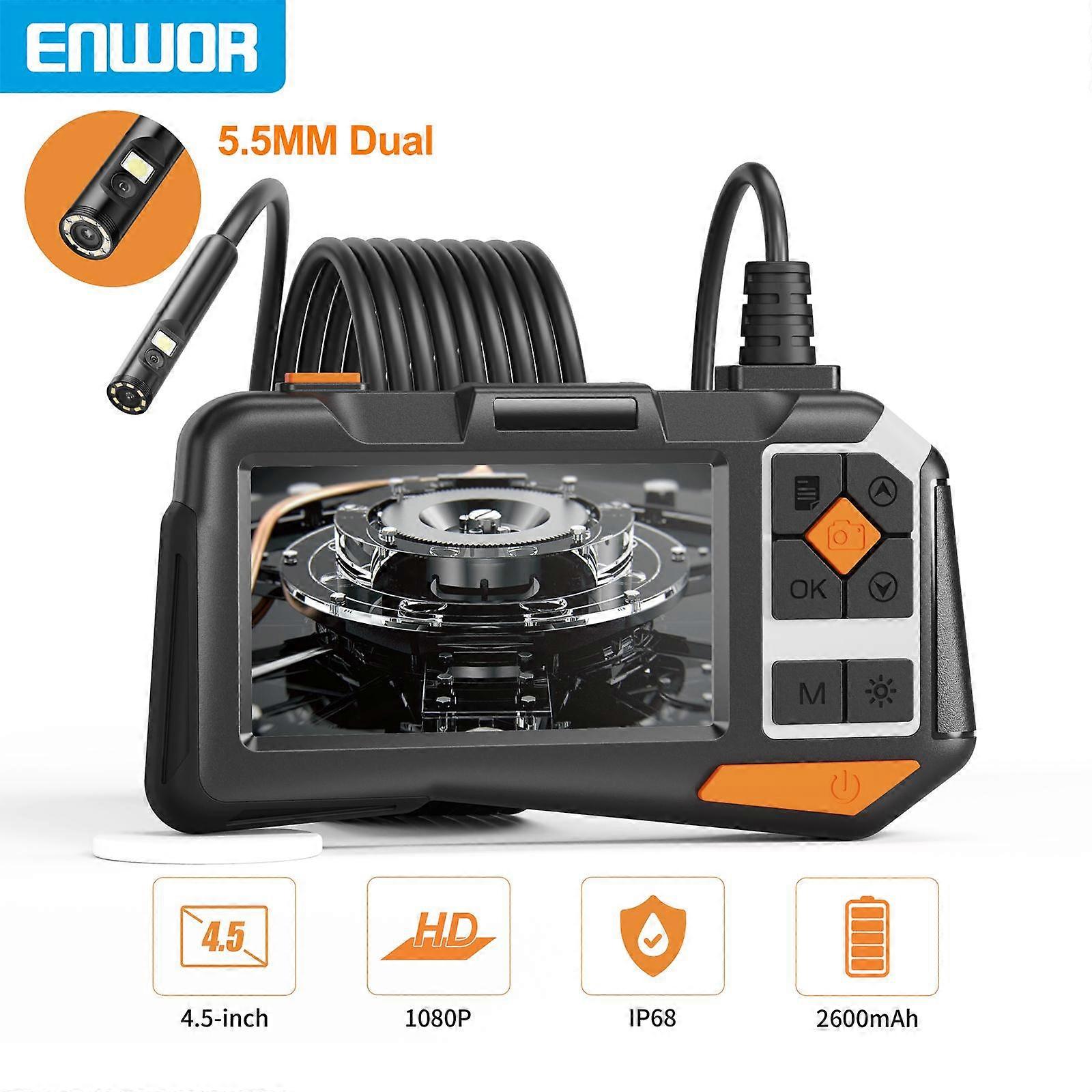 4.5-inch Industrial Endoscope Dual Camera IPS Screen Semi-rigid Cable IP68 Waterproof Dual Lens Inspection Borescope 5.5mm